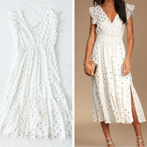 Lulus Dresses & Skirts - Lulus Cause to Celebrate White & Gold Dot Ruffled Tiered Midi Dress SizeM Magic